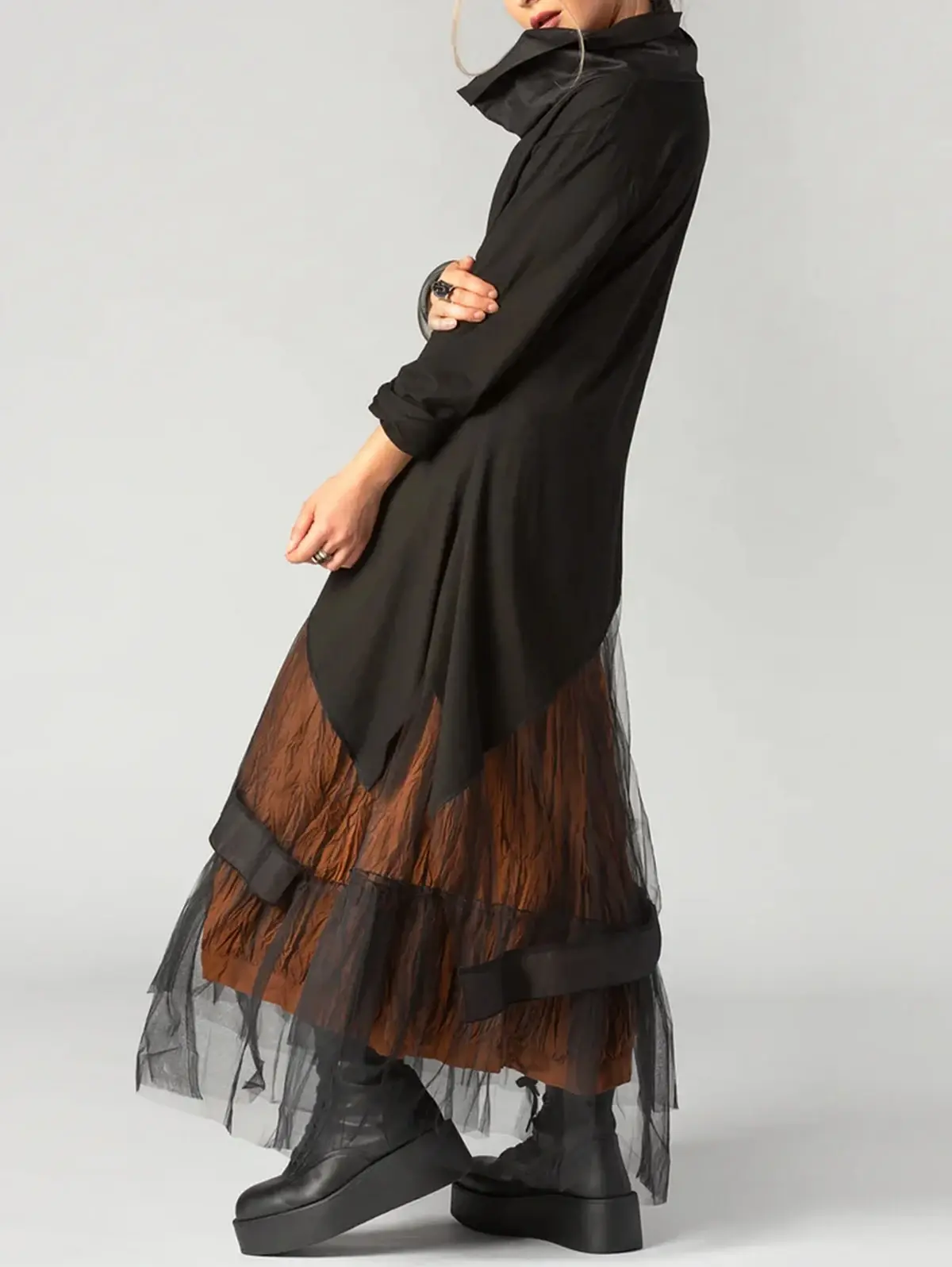 Women's Dress Cowl Neck Patchwork Mesh Tiered Long Sleeve Maxi Dress Vintage Casual A-Line Aysmmetric Hem Dress-ONLY BLACK PART