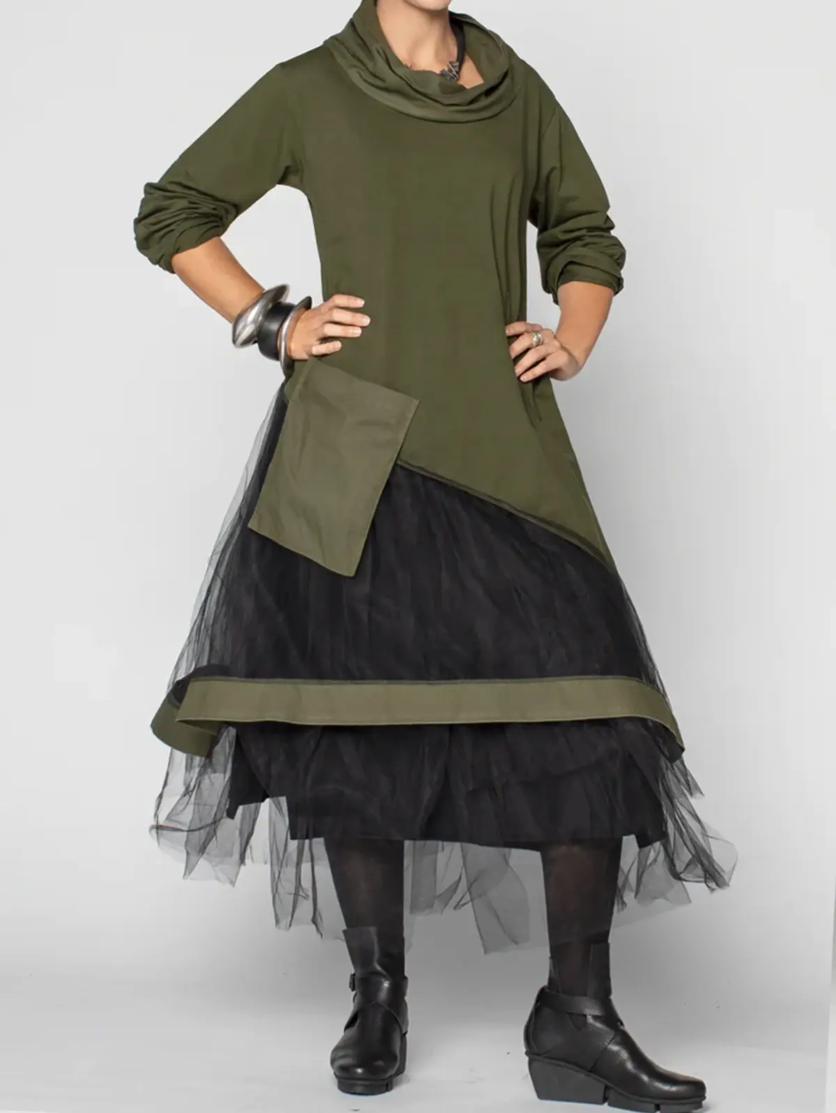 Women's Dress Cowl Neck Patchwork Mesh Tiered Long Sleeve Maxi Dress Vintage Casual A-Line Aysmmetric Hem Dress-ONLY BLACK PART