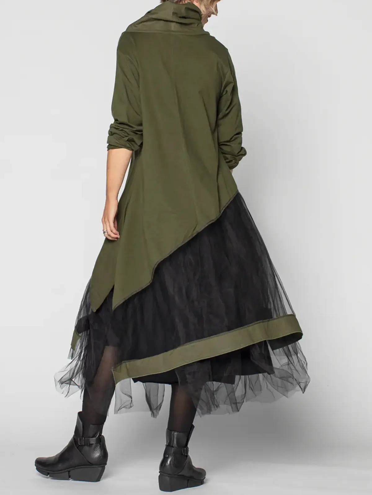 Women's Dress Cowl Neck Patchwork Mesh Tiered Long Sleeve Maxi Dress Vintage Casual A-Line Aysmmetric Hem Dress-ONLY BLACK PART