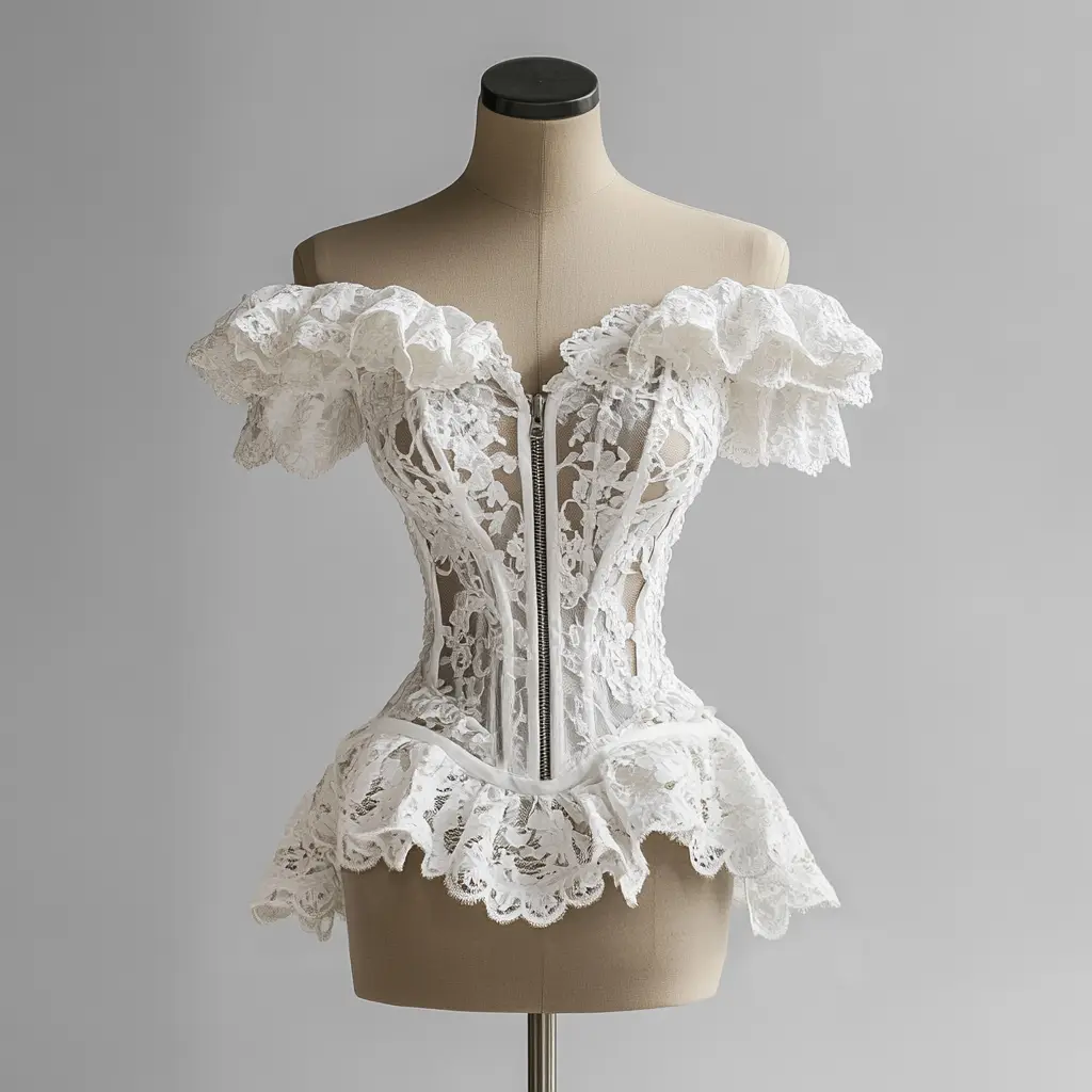 Women Off Shoulder Corset Tops Zipper Ruffle Hem Lace Hollow Out Sexy Elegant Retro Slim Floral Tank Tops Summer Party Club  Top