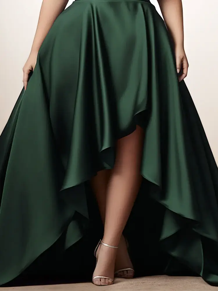 Women Plus Size Wedding Guest Evening Dress Spaghetti Strap Dark Green Satin Deep V Neck High Low Hem Elegant Cami Maxi Dress