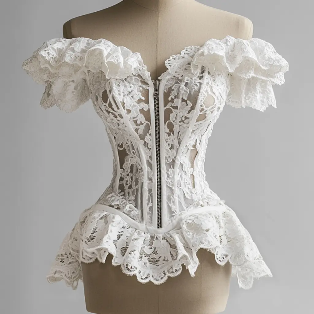 Women Off Shoulder Corset Tops Zipper Ruffle Hem Lace Hollow Out Sexy Elegant Retro Slim Floral Tank Tops Summer Party Club  Top