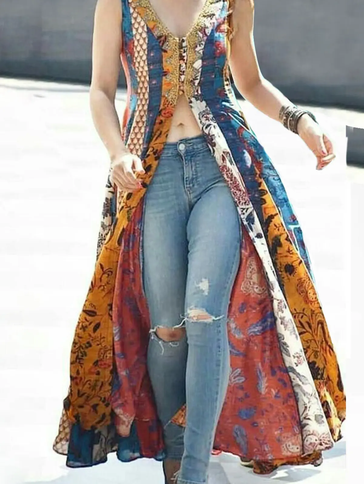 Women's Tank Dress Floral Printing Split Sexy Indie Folk Vintage Sleeveless Casual High Street Female Retro V-Neck Long Dress