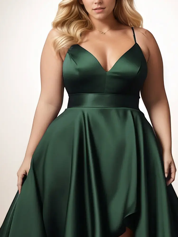 Women Plus Size Wedding Guest Evening Dress Spaghetti Strap Dark Green Satin Deep V Neck High Low Hem Elegant Cami Maxi Dress