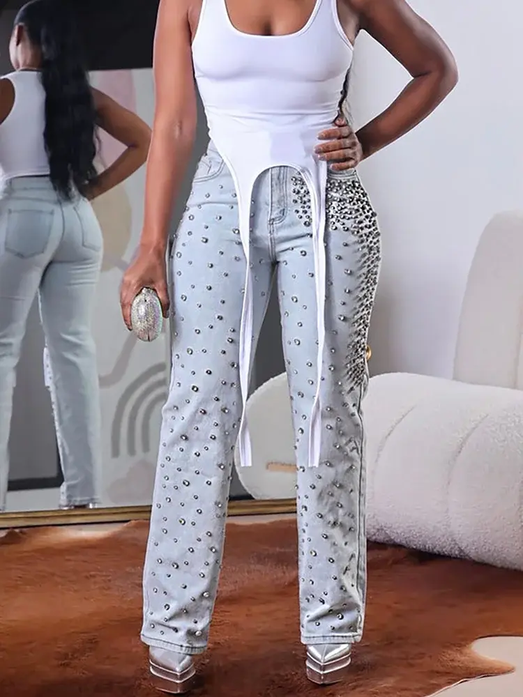 Women's Beading Jeans High Waist Slim Spring Casual Denim Pant Vintage Fashion 2024 Streetwear Straight Jeans Trousers 2024