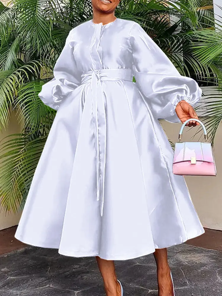 Satin Puff Sleeve Evening Dress for Women Pleated A-Line Round Neck Elegant Party Club Casual Solid Midi Dress with Belt 2025
