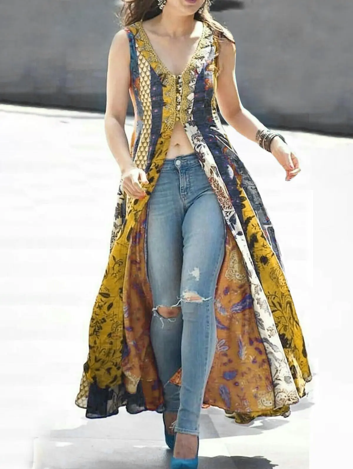 Women's Tank Dress Floral Printing Split Sexy Indie Folk Vintage Sleeveless Casual High Street Female Retro V-Neck Long Dress