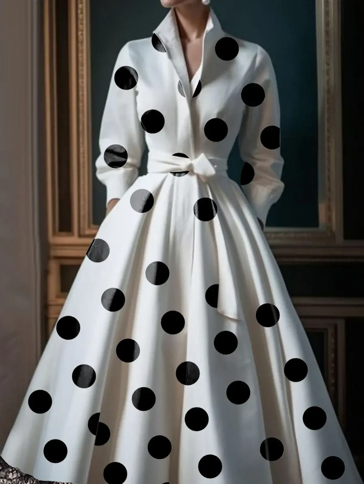 Elegant Polka Dot Print Dress for Women Pleated A-Line Pockets Party Wedding Guest Evening Long Sleeve Dress Stand Collar Dress