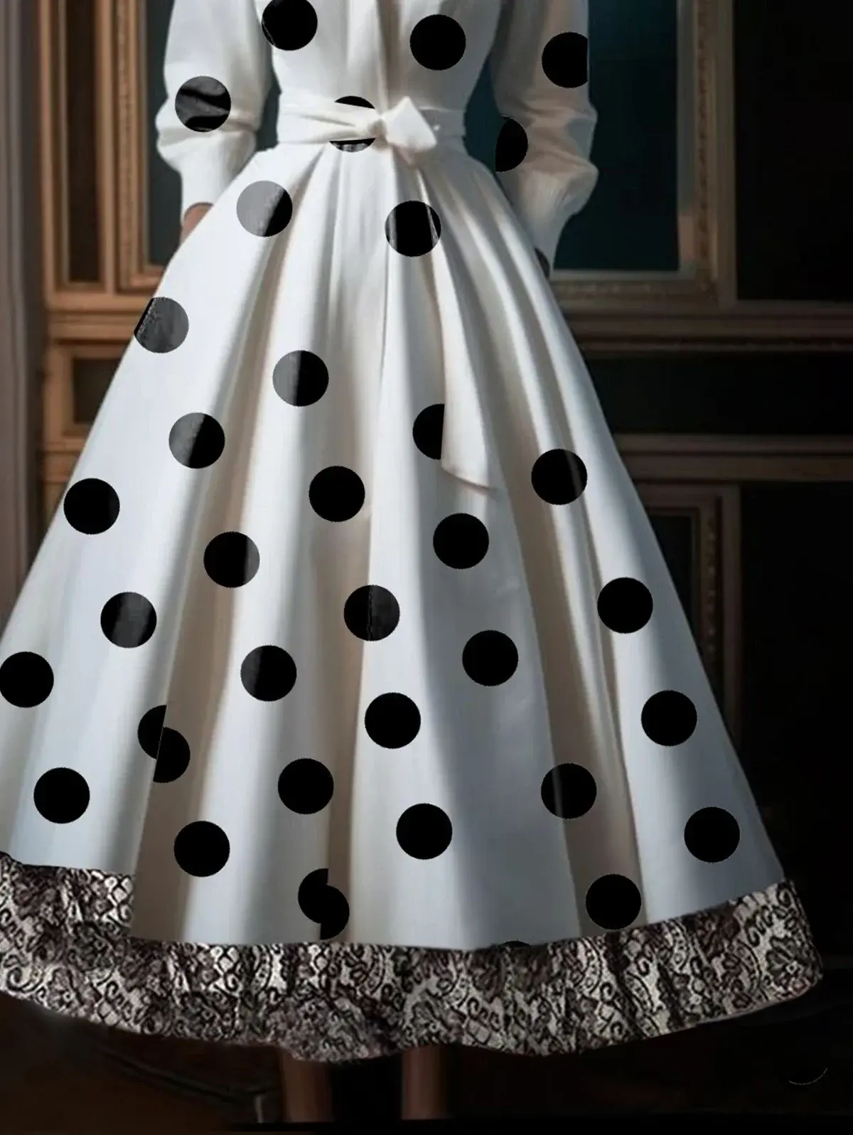 Elegant Polka Dot Print Dress for Women Pleated A-Line Pockets Party Wedding Guest Evening Long Sleeve Dress Stand Collar Dress