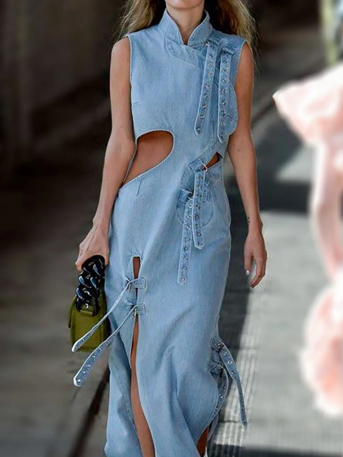 Women's Denim Mandarin Dress Sleeveless Cut Out Stand Collar Buckle Lace-up Straight Dress Elegant Casual Vintage Long Dress