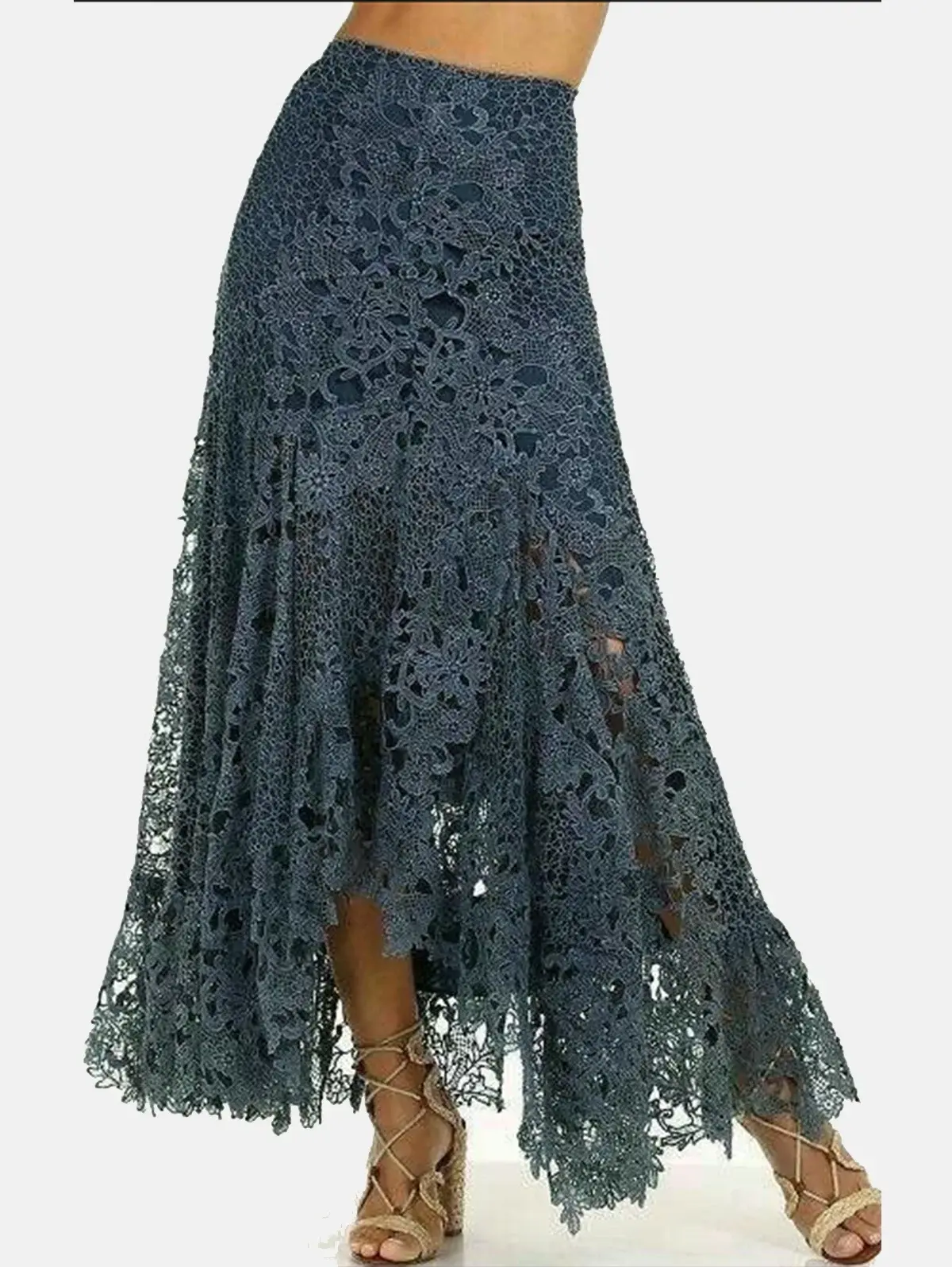 Lace High Waist Skirt Retro Casual Asymmetric Hem Slim Casual Vintage Ethnic Hollow Out Long Skirts for Women 2025 Autumn
