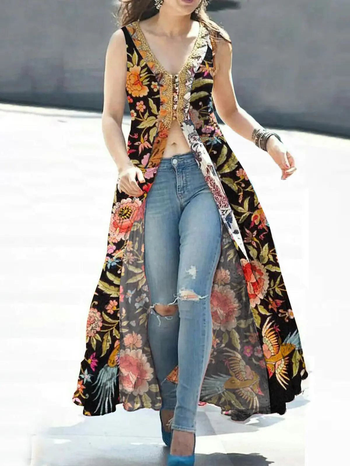 Women's Tank Dress Floral Printing Split Sexy Indie Folk Vintage Sleeveless Casual High Street Female Retro V-Neck Long Dress