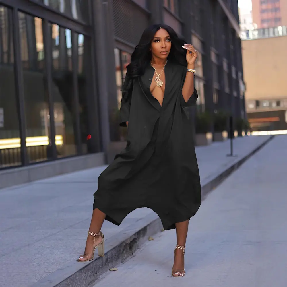 Women Plus Size Jumpsuit Business Casual Black Shirt Collar 3/4 Sleeve Pocket  Harem Pants Rompers Single Breasted Loose Outfits