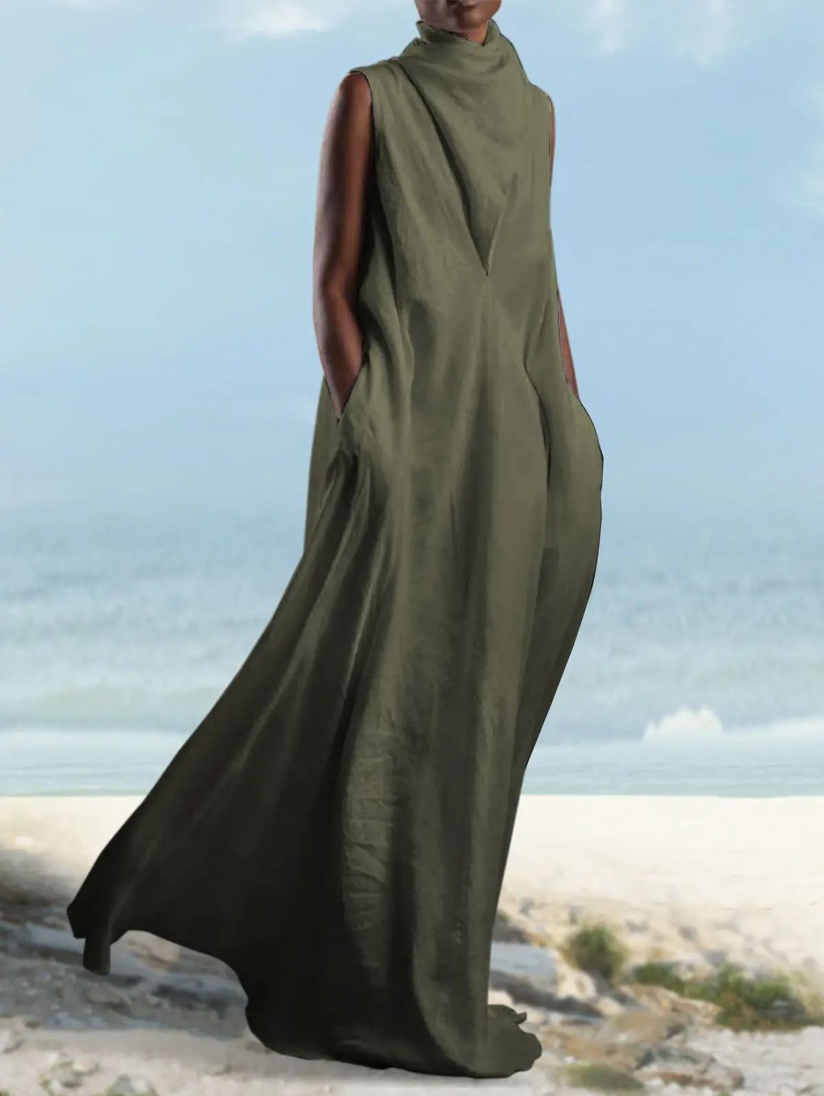 Women's Plus Size Cotton Linen Dress Pockets Turtleneck Elegant Casual Vintage Sleeveless Summer Female Minimalist Dresses 2023