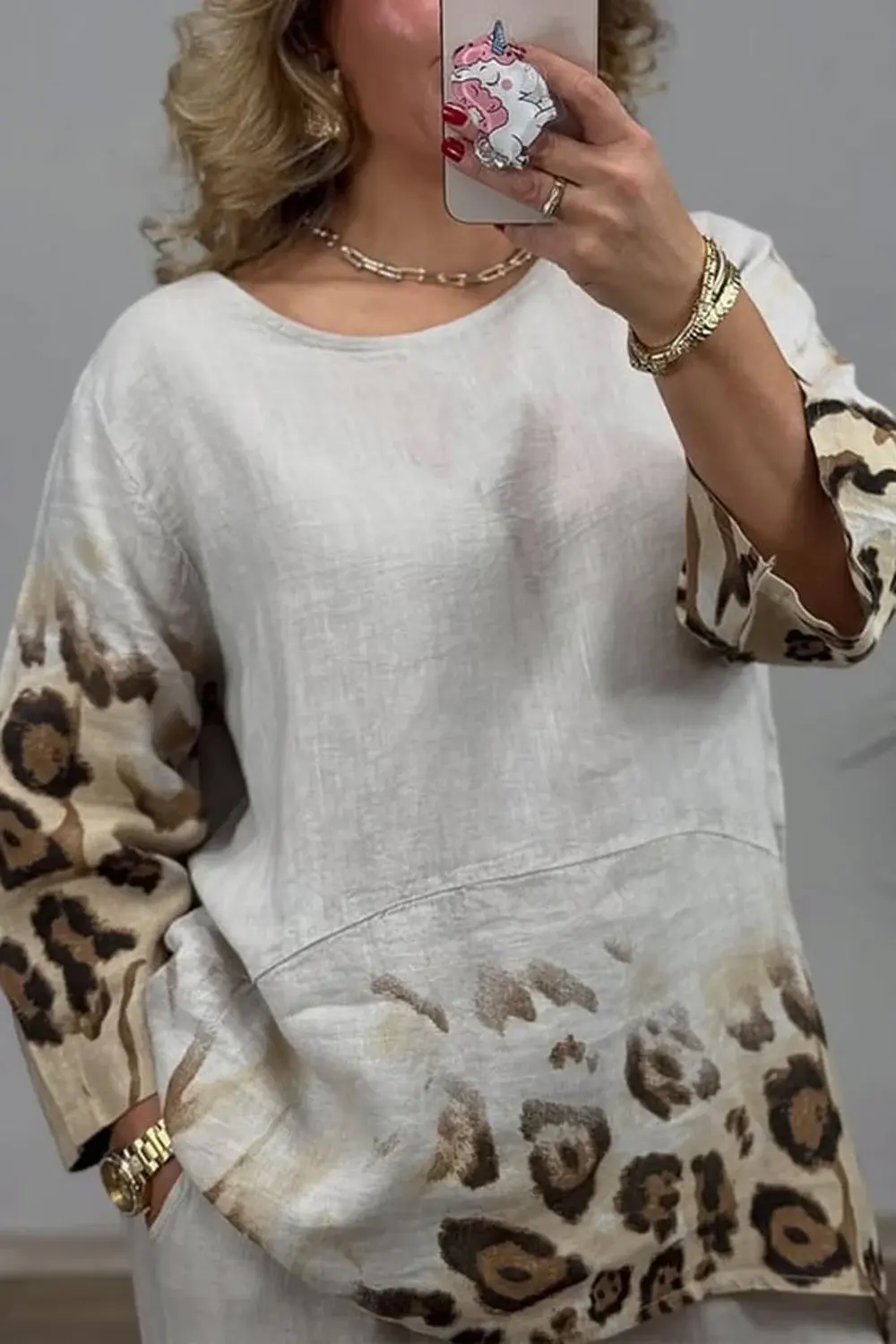 Women's Plus Size Two Piece Set Vacation Casual Leopard Round Neck Short Sleeve Pocket Two Piece Pant Sets Vintage Matching Set
