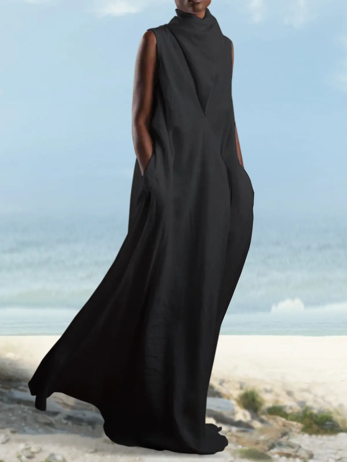Women's Plus Size Cotton Linen Dress Pockets Turtleneck Elegant Casual Vintage Sleeveless Summer Female Minimalist Dresses 2023