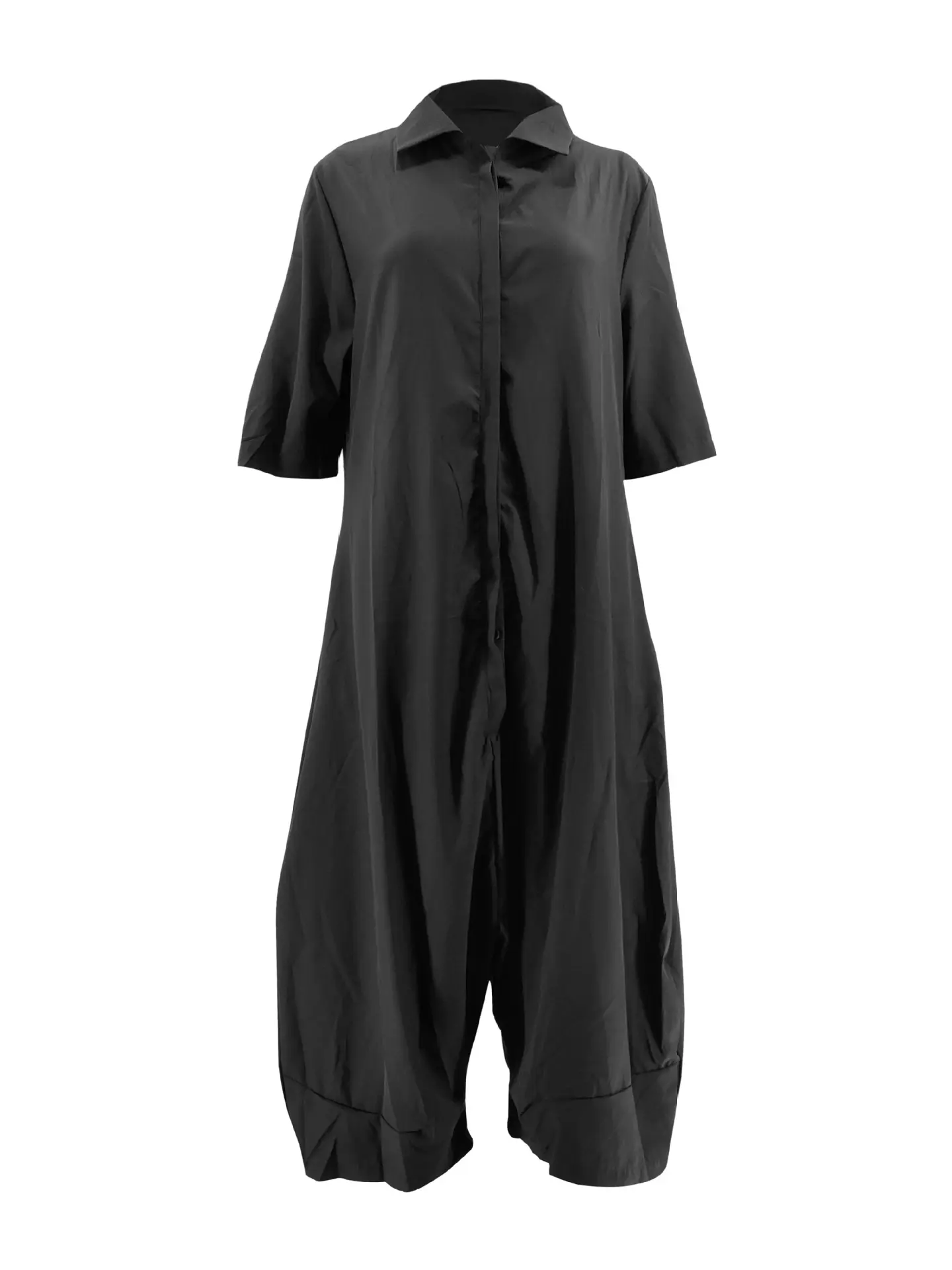 Women Plus Size Jumpsuit Business Casual Black Shirt Collar 3/4 Sleeve Pocket  Harem Pants Rompers Single Breasted Loose Outfits