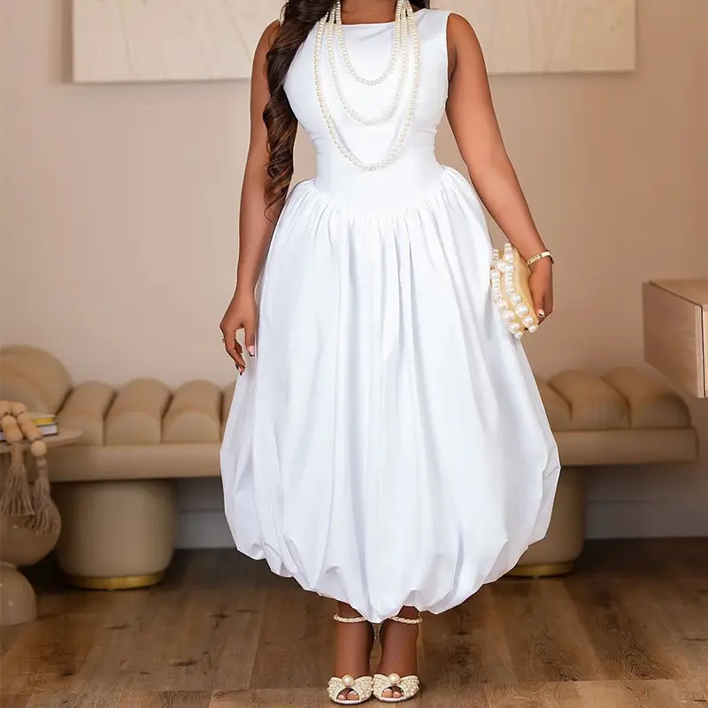 Women Elegant Dress Wedding White Round Neck Bubble Maxi Dresses Sleeveless Pleated A-Line Backless Casual Cocktail Summer Dress