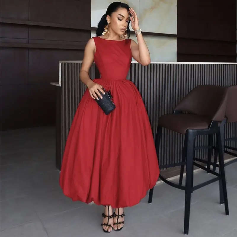 Women Elegant Dress Wedding White Round Neck Bubble Maxi Dresses Sleeveless Pleated A-Line Backless Casual Cocktail Summer Dress
