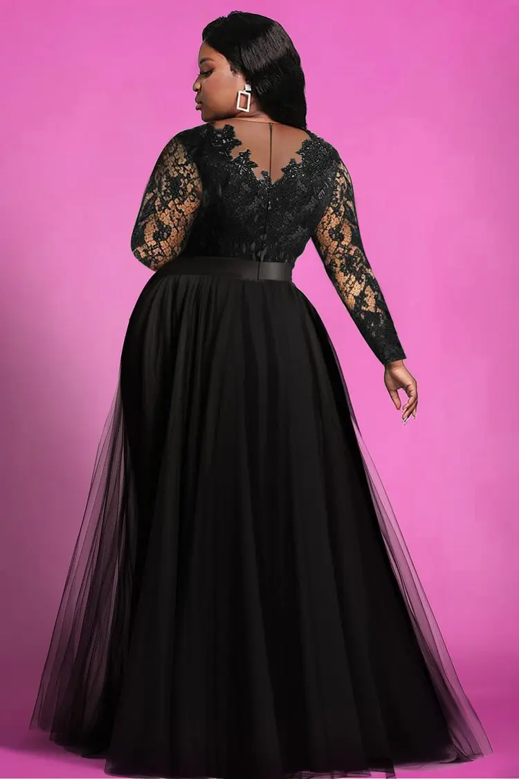 Women Plus Size Dress Lace See Through Mesh Split Hem High Waist Elegant Wedding Guest Long Sleeve V-Neck Evening Maxi Dress