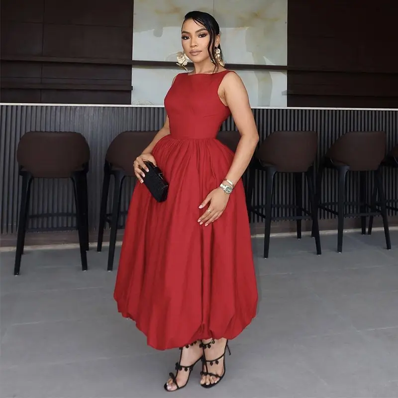 Women Elegant Dress Wedding White Round Neck Bubble Maxi Dresses Sleeveless Pleated A-Line Backless Casual Cocktail Summer Dress