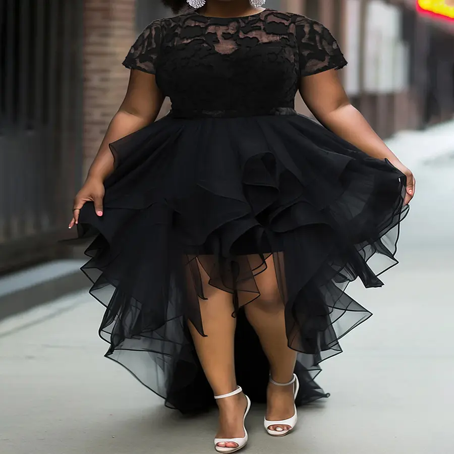 Women Plus Size Evening Dress Elegant Short Sleeve Round Neck High Low Hem Ruffle Tulle Cocktail Party Mermaid Maxi Dresses