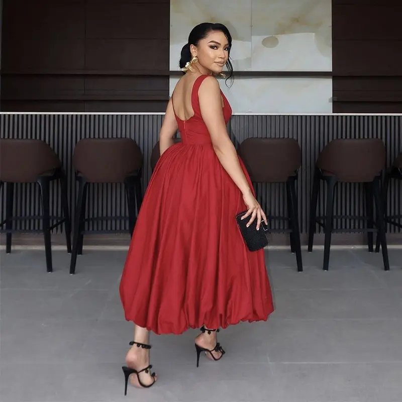 Women Elegant Dress Wedding White Round Neck Bubble Maxi Dresses Sleeveless Pleated A-Line Backless Casual Cocktail Summer Dress