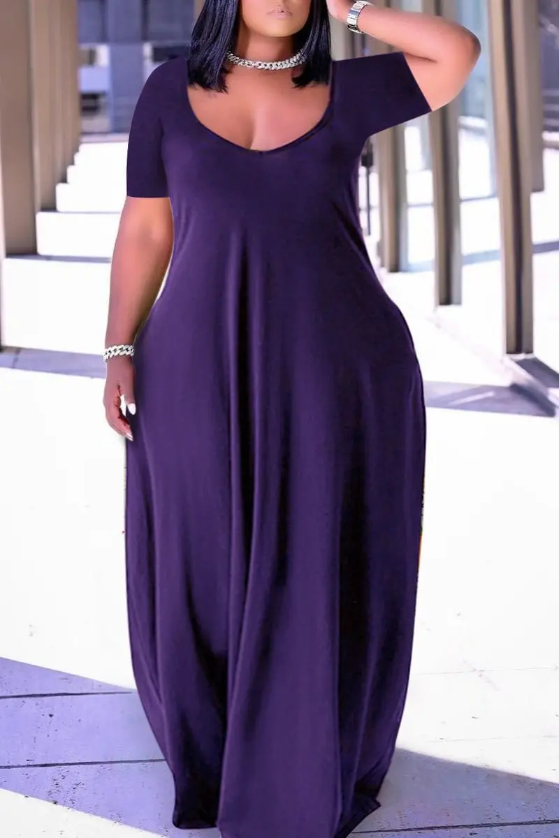 Plus Size Women Basic Dress Round Neck Short Sleeve Casual Loose Multicolor Simple Long Dress for Women Summer 2025 New Fashion