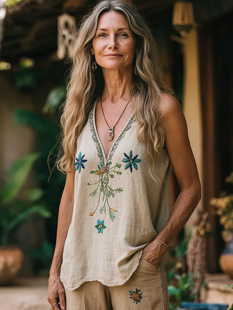 Women Floral-Print Ethnic Top Sleeveless Summer Casual Retro Sexy V-neck Tank Tops Cotton-linen Imitation Loose-Fitting Top