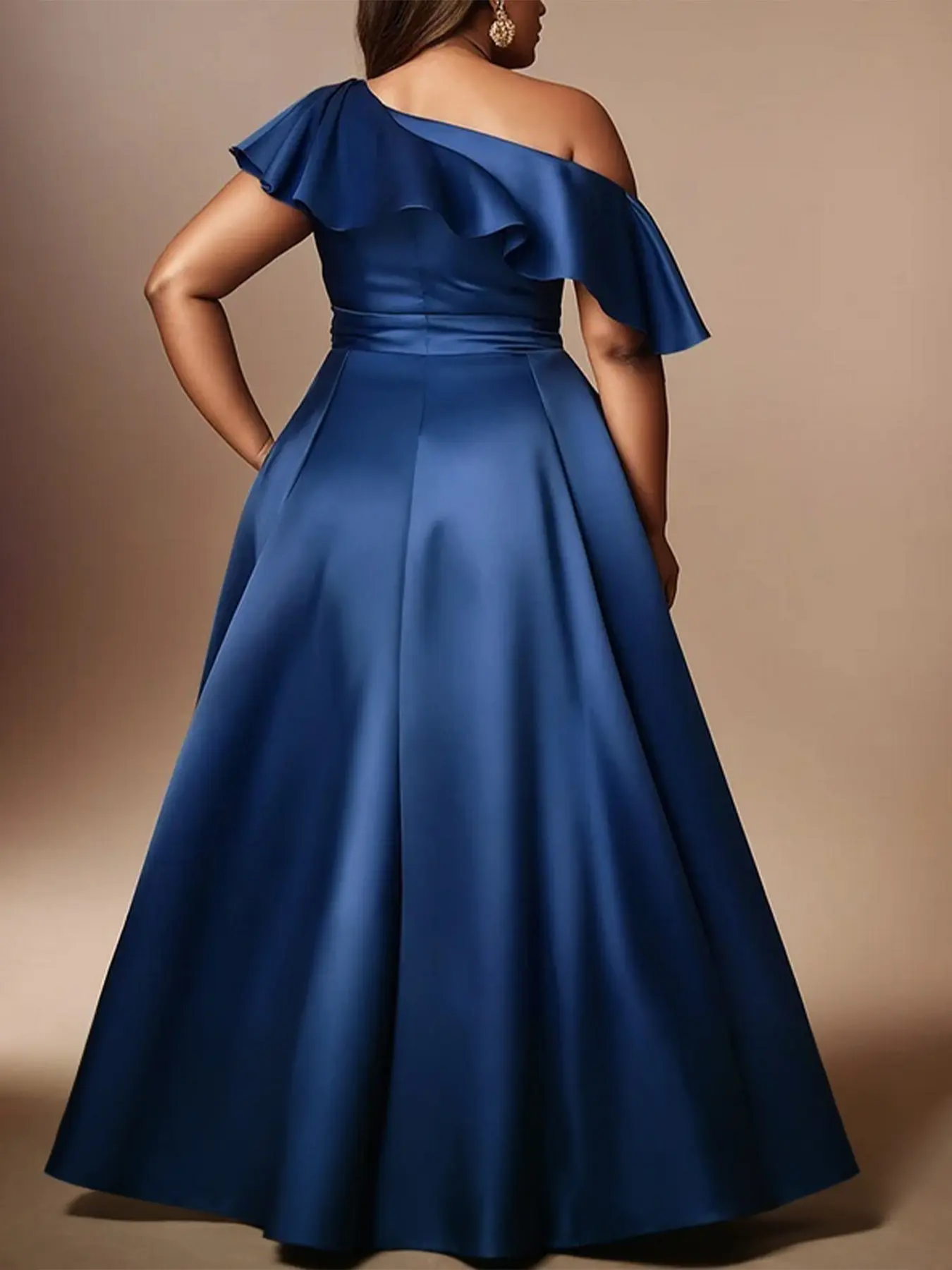Elegant Women Plus Size Evening Dress Satin Ruffle One Shoulder Vintage Casual Party Cocktail Long Dress Short Sleeve Blue Dress