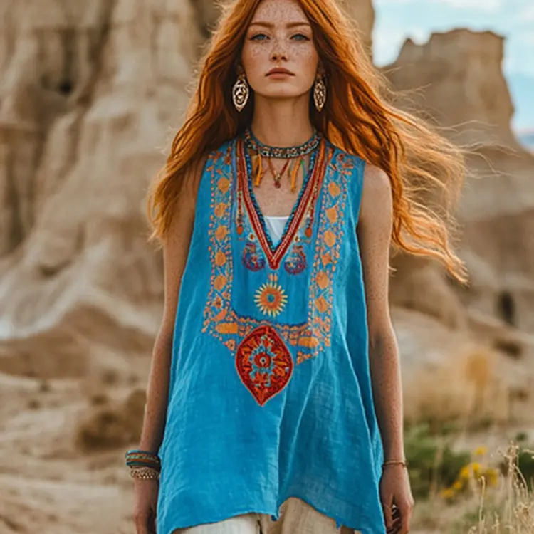 Women Floral-Print Ethnic Top Sleeveless Summer Casual Retro Sexy V-neck Tank Tops Cotton-linen Imitation Loose-Fitting Top