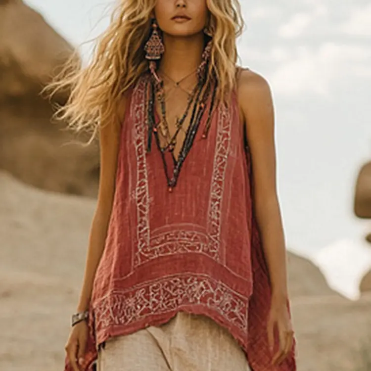 Women Floral-Print Ethnic Top Sleeveless Summer Casual Retro Sexy V-neck Tank Tops Cotton-linen Imitation Loose-Fitting Top