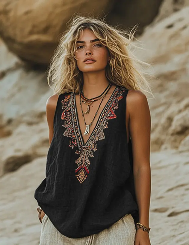 Women Floral-Print Ethnic Top Sleeveless Summer Casual Retro Sexy V-neck Tank Tops Cotton-linen Imitation Loose-Fitting Top