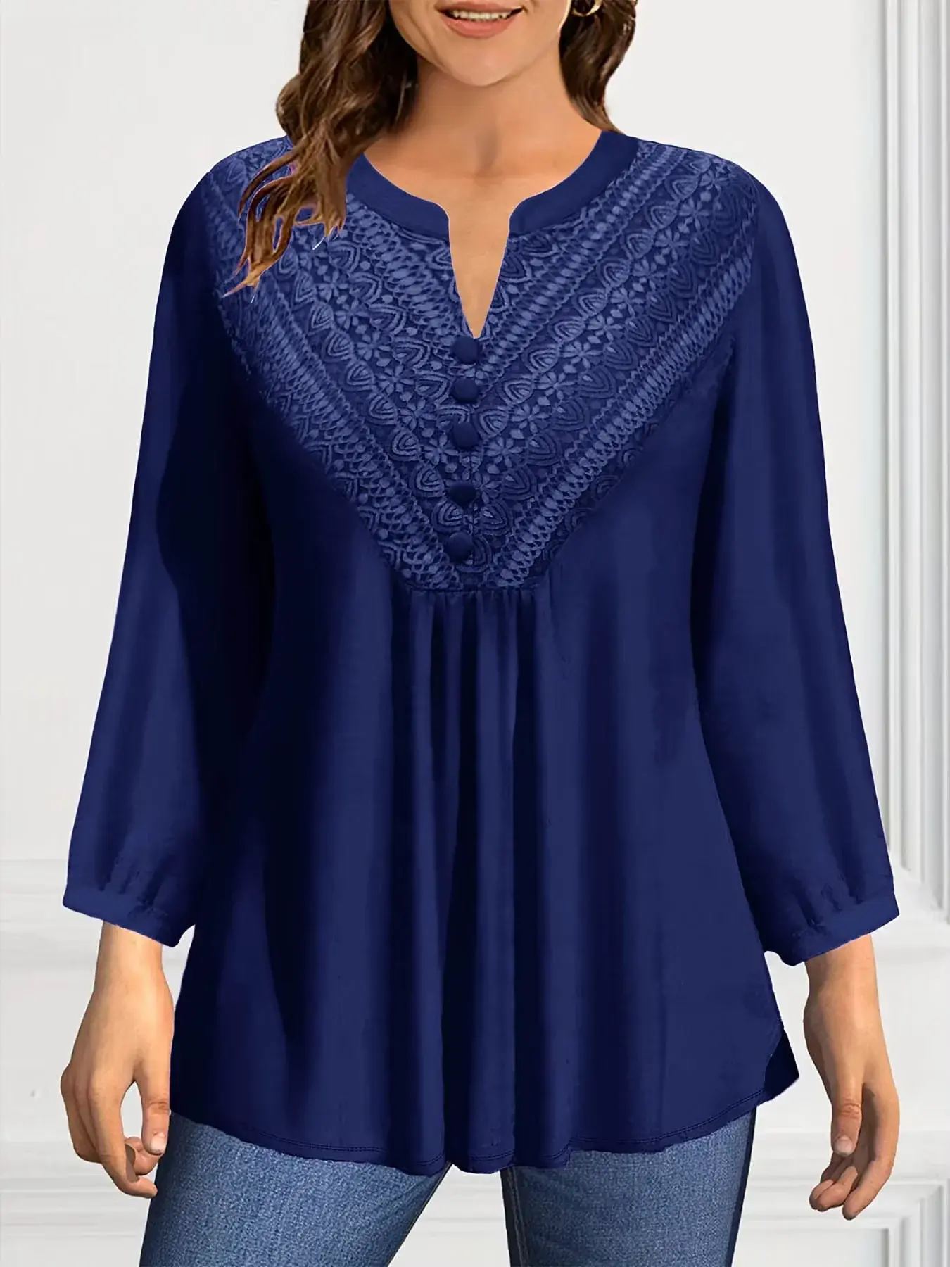 Plus Size Shirt for Women Solid Elegant Casual V-Neck Puff Sleeve Ruched Chiffon Tops Long Sleeve Fashion Tops Spring 2025