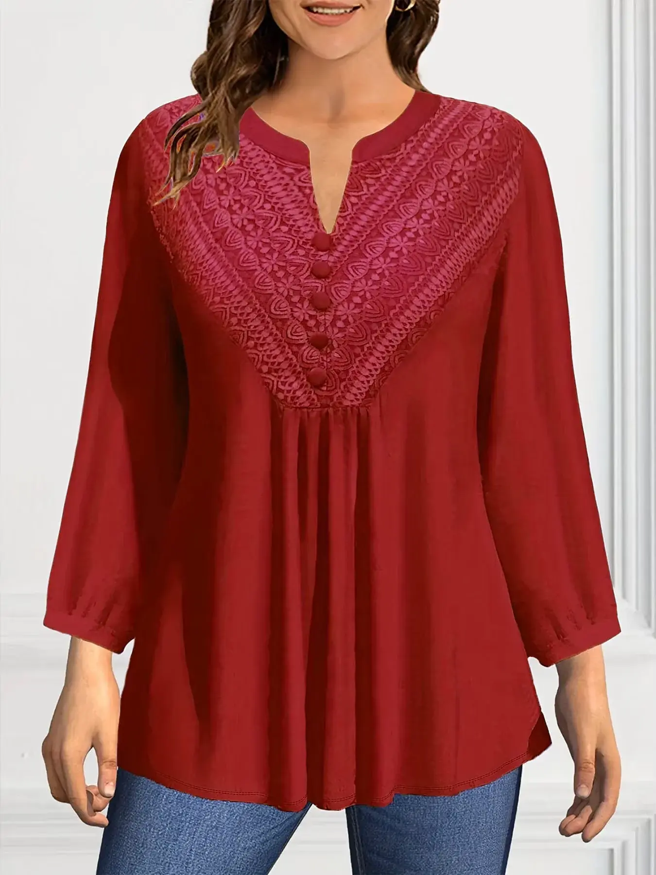 Plus Size Shirt for Women Solid Elegant Casual V-Neck Puff Sleeve Ruched Chiffon Tops Long Sleeve Fashion Tops Spring 2025