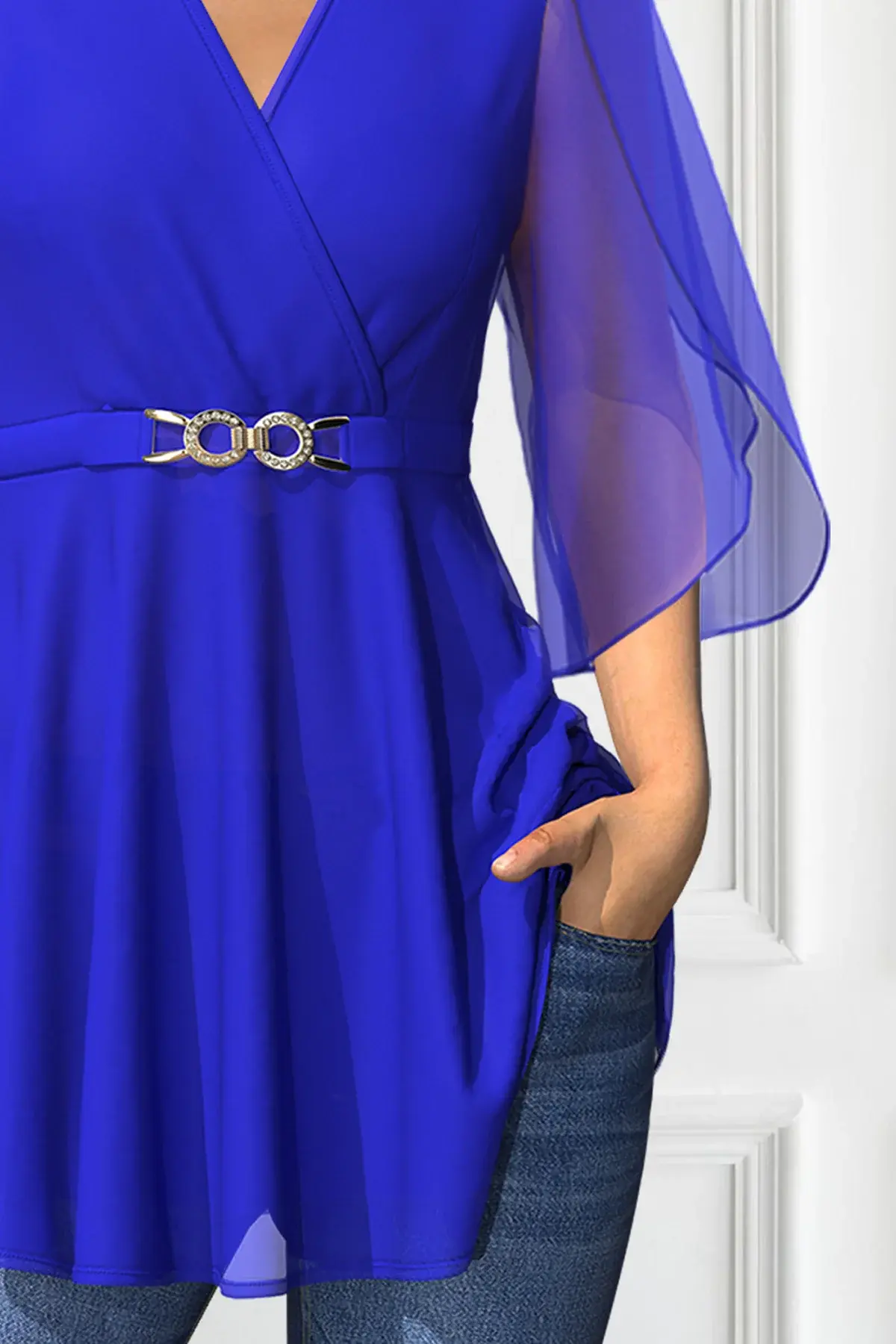 Women Chiffon T shirt  Half Sleeve Split V-Neck with Belt Ruched Casual Vintage Solid Blue Summer New Fashion Tee Top 2024