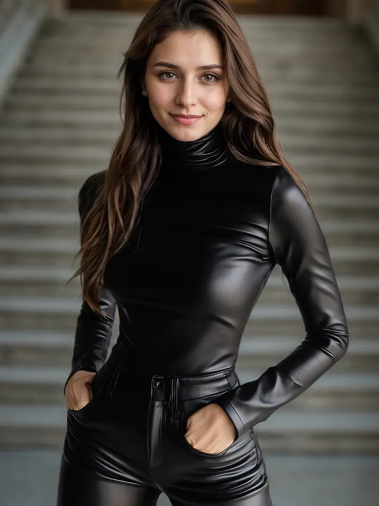 Women Turtleneck PU Leather Tops High Street Skinny Long Sleeve Casual Faux Leather PU T shirts Blouse Minimalist Tee Tops
