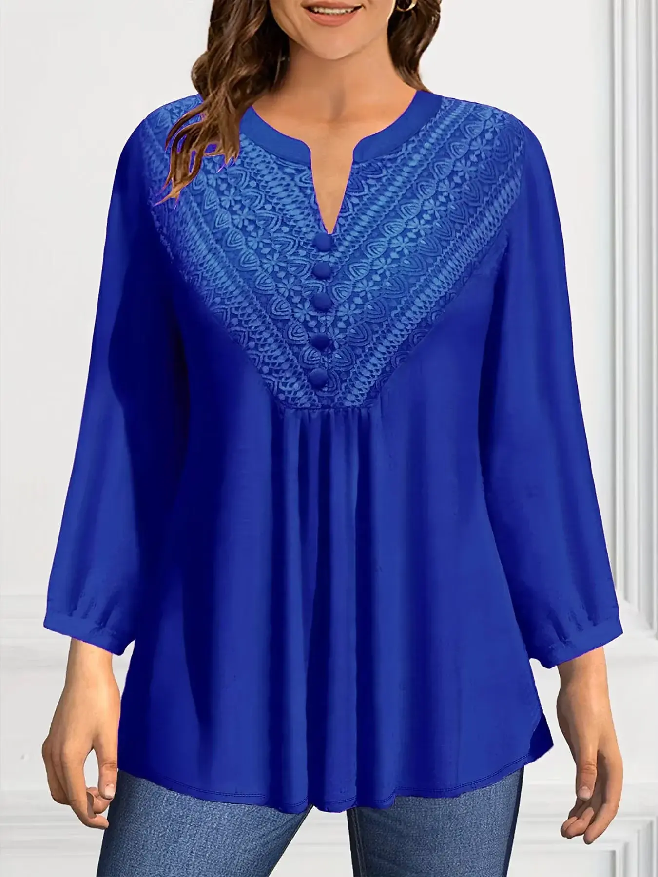 Plus Size Shirt for Women Solid Elegant Casual V-Neck Puff Sleeve Ruched Chiffon Tops Long Sleeve Fashion Tops Spring 2025