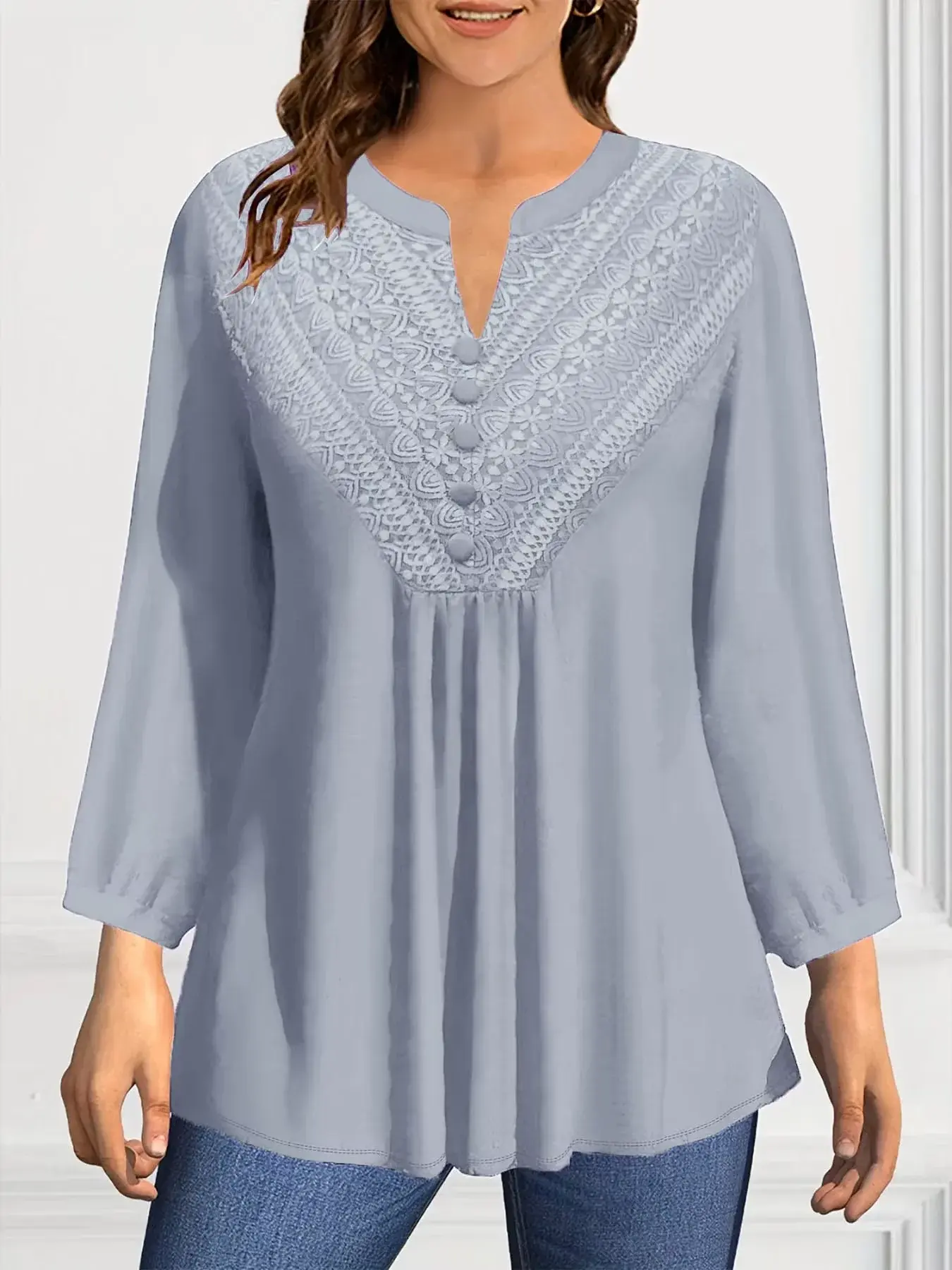 Plus Size Shirt for Women Solid Elegant Casual V-Neck Puff Sleeve Ruched Chiffon Tops Long Sleeve Fashion Tops Spring 2025