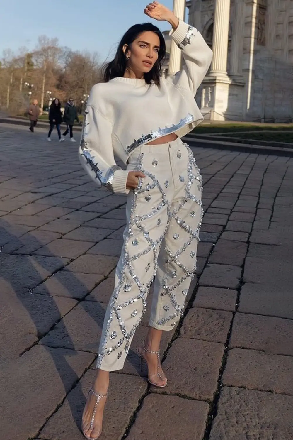 Sequin Decor Straight Leg Denim Jeans for Women High Wait Elegant Casual Pockets Vintage Diamond Denim Pencil Pants Trousers