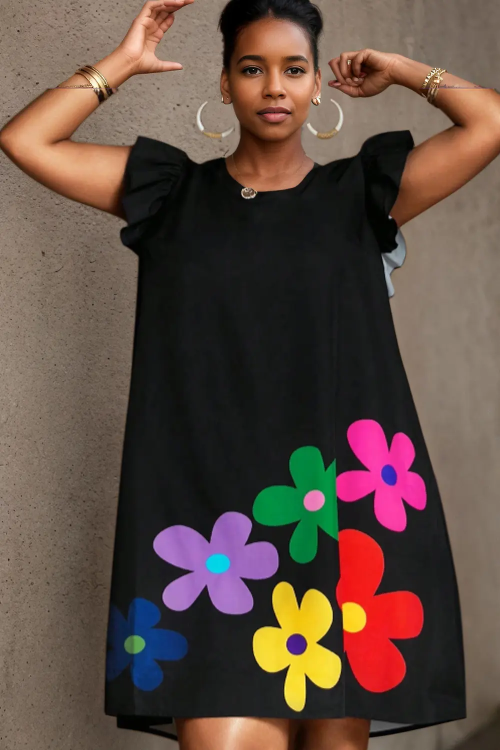 Women's Plus Size Mini Dress Ruffle Sleeve Round Neck Floral Printed Vintage Loose Casual Elegant Retro Summer 2025 Dresses