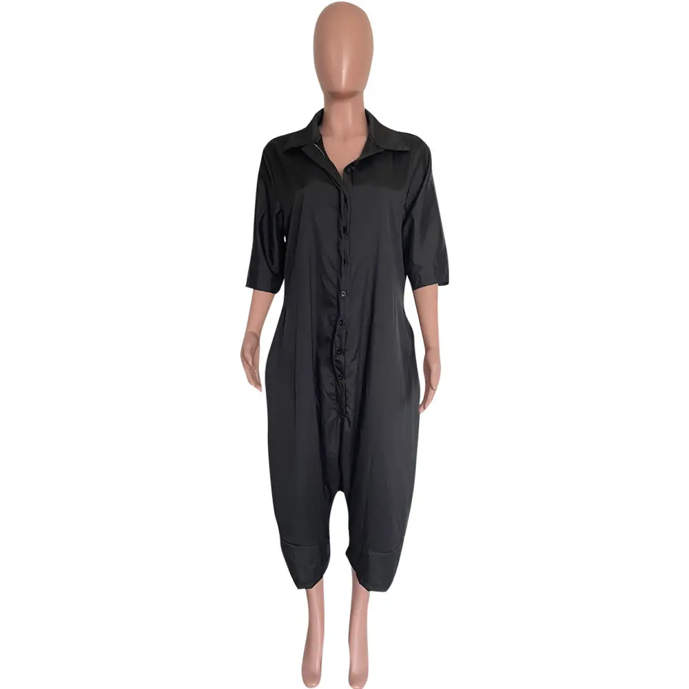 Women Cargo Vacation 3/4 Sleeve Pocket Casual Jumpsuits Open Stitched High Street Black Sexy Casual Rompers Playsuit Jump Suit