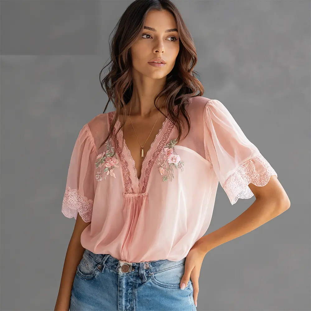 Women's Casual Embroidery Floral Pattern Lace V Neck Short Sleeve Blouse Elegant Chiffon Pink Sweet Summer Blouse Shirt Tops