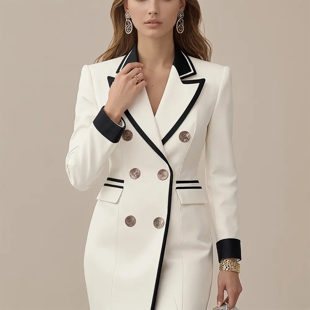 Women Office Lady Dress Turn Down Collar Long Sleeve Elegant Double Breasted Slim Autumn Fashionable Midi Dresses 2025