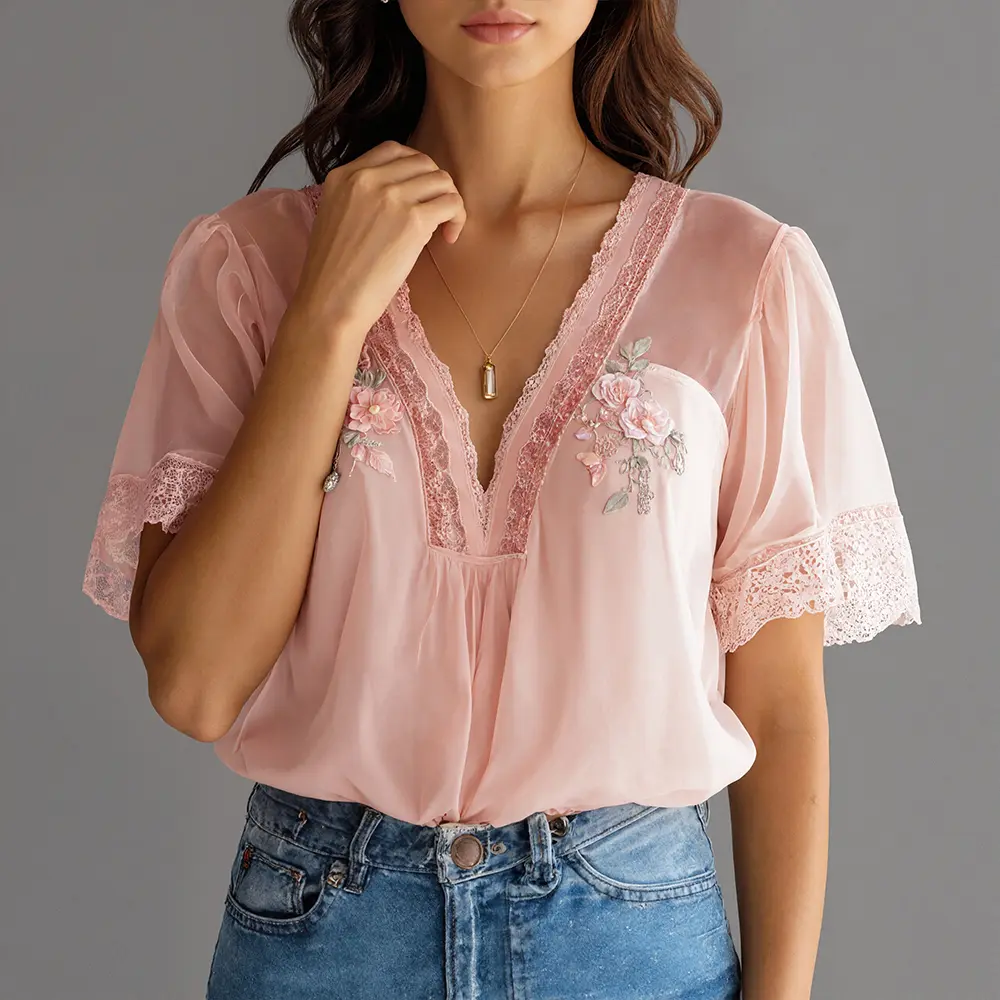 Women's Casual Embroidery Floral Pattern Lace V Neck Short Sleeve Blouse Elegant Chiffon Pink Sweet Summer Blouse Shirt Tops