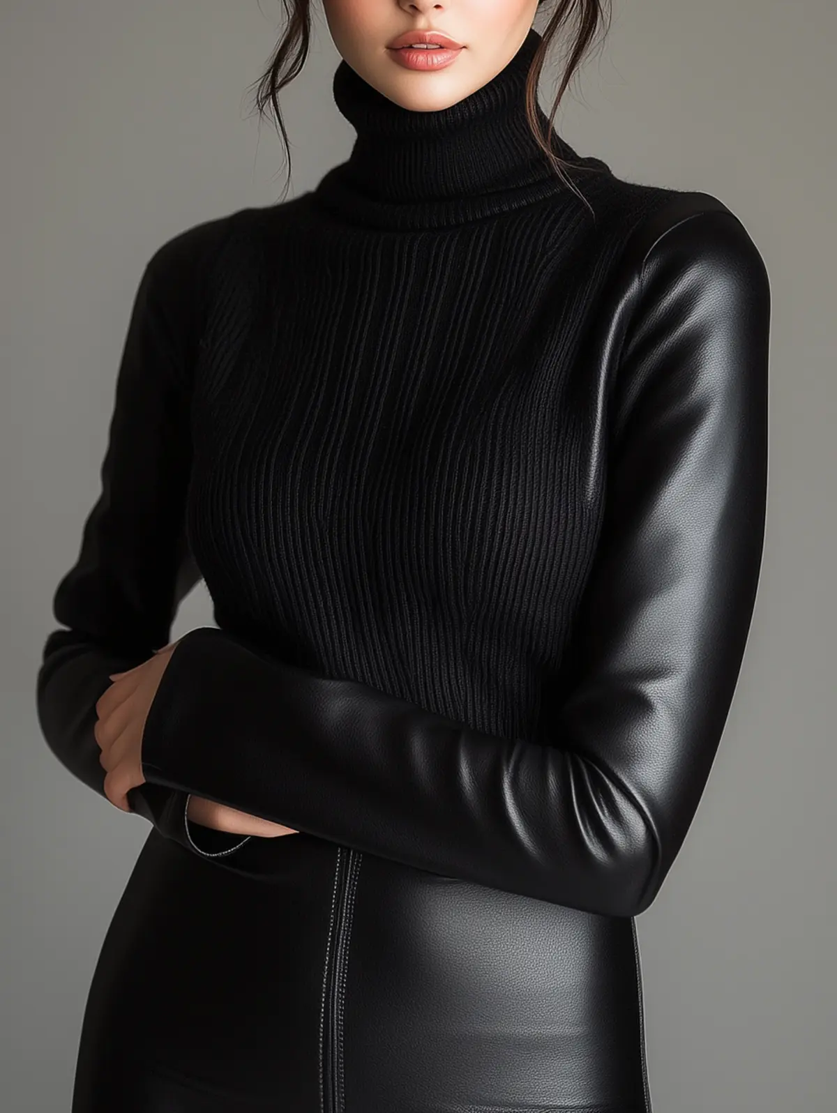 PU Leather Patchwork Knit High Neck Sweater for Women Slim Elegant Office Lady Turtleneck Pullover Knitted Tops Autumn