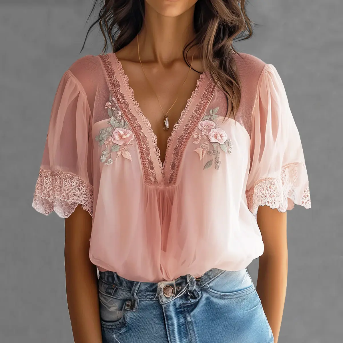 Women's Casual Embroidery Floral Pattern Lace V Neck Short Sleeve Blouse Elegant Chiffon Pink Sweet Summer Blouse Shirt Tops