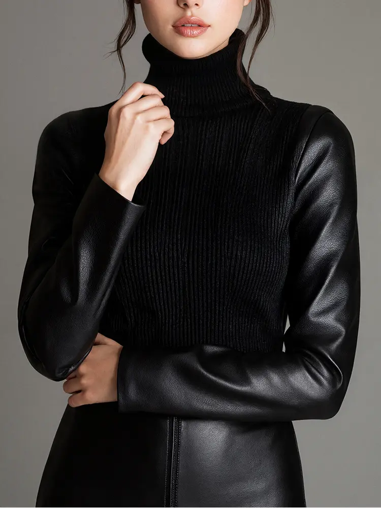 PU Leather Patchwork Knit High Neck Sweater for Women Slim Elegant Office Lady Turtleneck Pullover Knitted Tops Autumn
