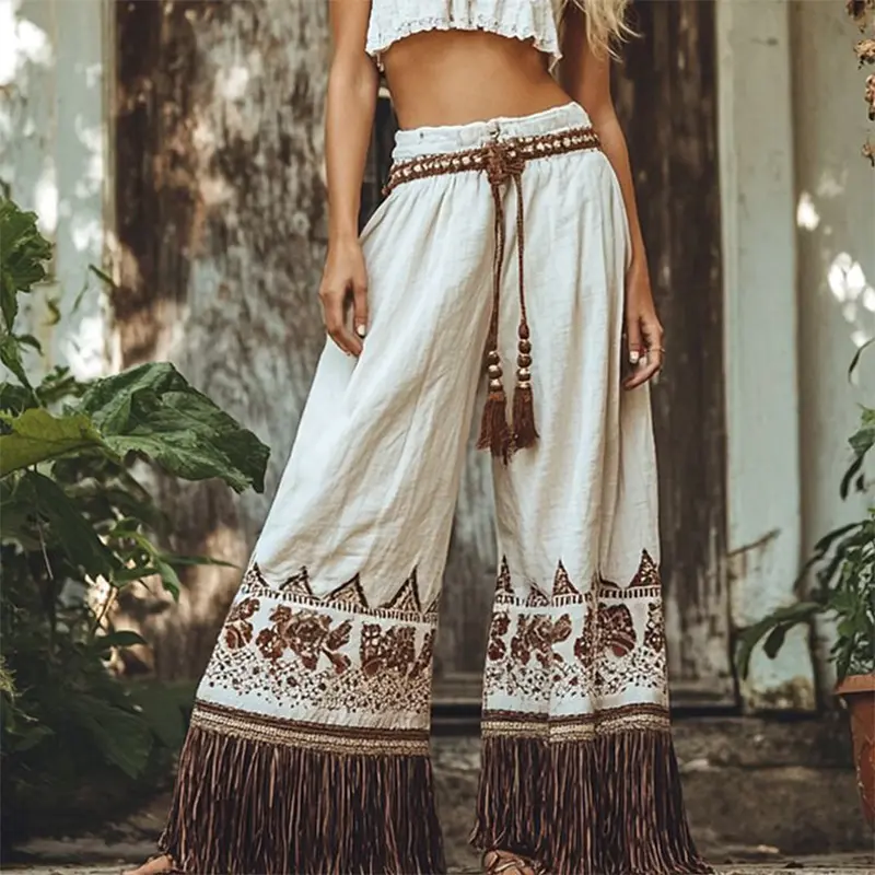 Women's Fringe Wide Leg Pant Elastic Waist Floral Printed Bohemian Casual Indie Folk Harajuku Loose Trousers Capris 2025