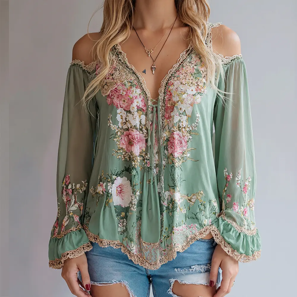 Women's Off the Shoulder Blouse Sexy V-neck Flare Sleeve Floral Printed Chiffon Mesh Irregular Lace Hem Long Sleeve Shirts 2025